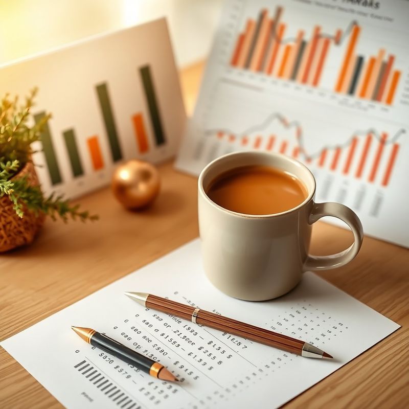 Clean desk with printed financial charts, a chai mug and a mechanical pencil on graph paper