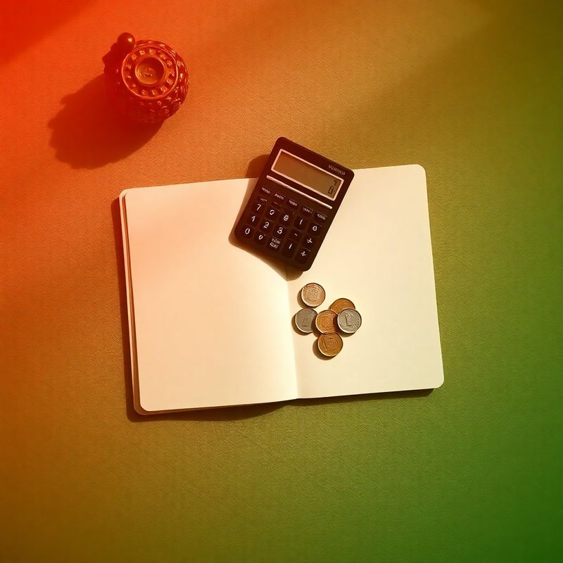 Editorial flat-lay of a notebook, calculator and rupee coins on a forest-green linen surface