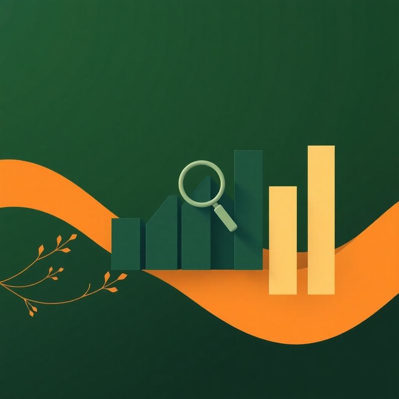 Abstract flat-design graphic of layered data bars and a magnifying glass in forest green and cream